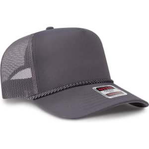 A grey 5-panel mid-profile rope trucker hat with a mesh back and a logo on the front.
