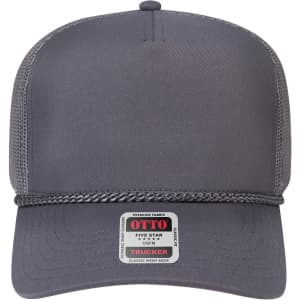 A grey 5 panel mid profile rope trucker hat with a logo and mesh back.