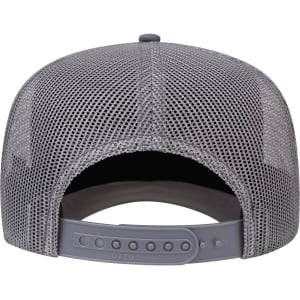 A grey 5 panel mid profile rope trucker hat with a mesh back and adjustable strap. It features a logo on the side.