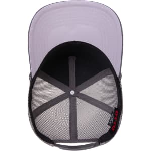 A grey 5-panel mid-profile trucker hat with a mesh back and a curved brim, featuring a logo inside.