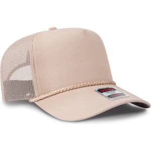 A beige 5 Panel Mid Profile Rope Trucker Hat with mesh sides and a logo on the front.