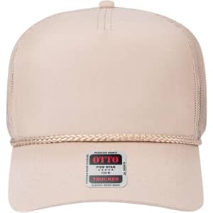 A beige 5 Panel Mid Profile Rope Trucker Hat featuring a mesh back and a decorative braided band.