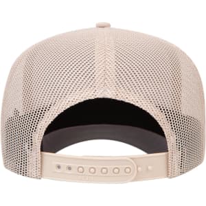 A beige 5 Panel Mid Profile Rope Trucker Hat featuring a mesh back and an adjustable strap.
