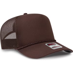A brown 5 panel mid profile rope trucker hat with a mesh side and a logo on the front.
