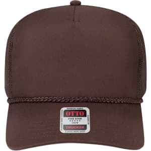 A brown 5 Panel Mid Profile Rope Trucker Hat featuring a logo and a classic mesh back.