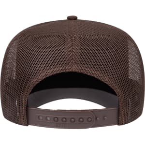 A brown 5 Panel Mid Profile Rope Trucker Hat with a mesh back and an adjustable strap.