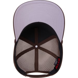 A brown 5 Panel Mid Profile Rope Trucker Hat with a light grey peak and a logo on the inside.