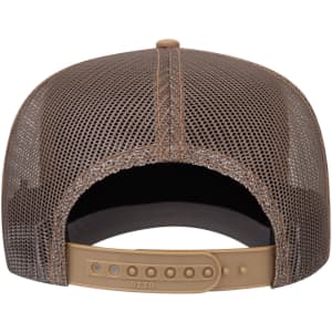 A brown 5 panel mid-profile rope trucker hat featuring a mesh back and an adjustable strap.
