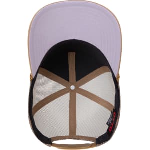 A 5 Panel Mid Profile Rope Trucker Hat featuring a light purple front, a black mesh back, and brown accents.