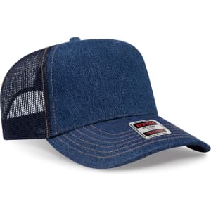 A denim blue 5 Panel Mid Profile Trucker Cap featuring a mesh back and a logo on the front.