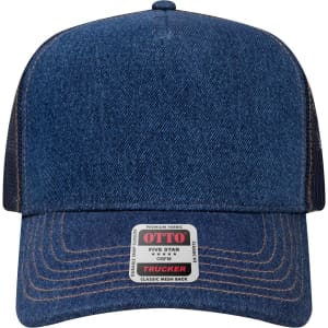 A 5 panel mid-profile trucker cap in denim blue with a mesh back and a logo on the front.