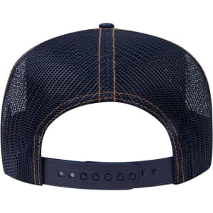 A navy blue 5 panel mid profile trucker cap with a mesh back and an adjustable snap closure.