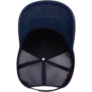 A 5 Panel Mid Profile Trucker Cap in denim blue with a mesh interior and a logo at the back.