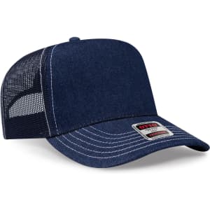A navy blue 5 panel mid-profile trucker cap with a mesh back and a label on the front.