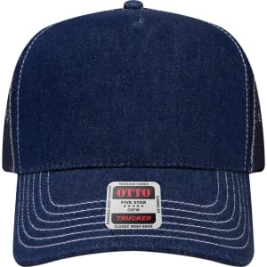 A navy blue 5 panel mid-profile trucker cap featuring a mesh back and a logo label on the front.