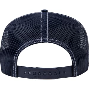 A 5-panel mid-profile trucker cap featuring a navy blue colour with a mesh back and an adjustable snap closure.