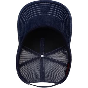 A 5 panel mid profile trucker cap in denim blue with a mesh back and an inner lining visible.