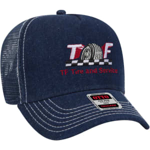 A navy 5 Panel Mid Profile Trucker Cap with a mesh back and a logo on the front.