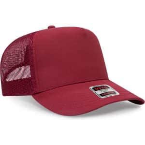 A maroon 5 panel mid-profile trucker cap with mesh detailing and a logo on the front.