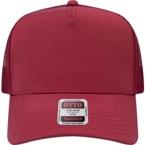 A red 5 panel mid profile trucker cap with a mesh back and a branded logo.