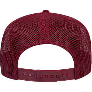 A maroon 5 panel mid profile trucker cap featuring a mesh back and an adjustable strap.