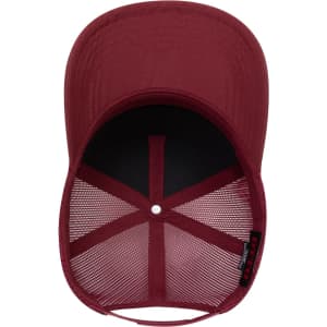 A burgundy 5 Panel Mid Profile Trucker Cap with mesh detailing and a logo.