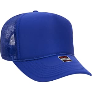A blue 5-panel trucker hat with a mesh back and a branded label on the front.