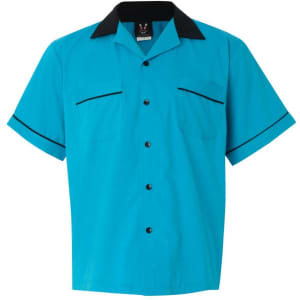 A button-up shirt in bright blue with black accents and a collar, featuring two chest pockets and a logo.