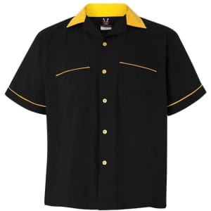 A black button-up shirt with yellow accents and two front pockets. It features a contrasting collar and piping.
