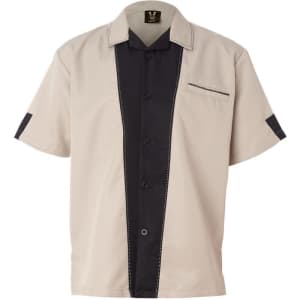 A button-up bowling shirt featuring a beige and black design with contrasting stitching and a chest pocket.