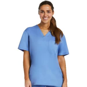 A blue unisex tuckable V-neck top featuring short sleeves and a pocket, with a logo present.