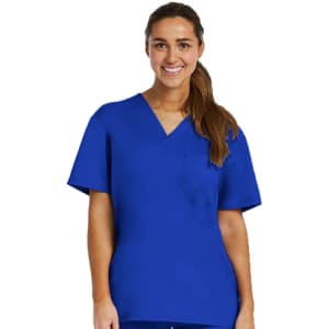 A blue unisex tuckable V-neck top with short sleeves and a front pocket, featuring a logo.