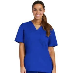 A unisex tuckable V-neck top in a bright blue colour, featuring short sleeves and a chest pocket.