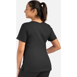 A black women's double V-neck top featuring short sleeves and a relaxed fit, with a logo on the side.