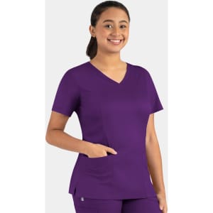 A women's double V-neck top in a vibrant purple colour, featuring short sleeves and a pocket. Includes a logo.