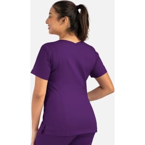 A purple women's double V-neck top, featuring a fitted style and short sleeves, displayed from the back.