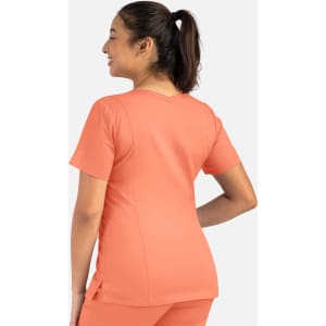 An orange women's double V-neck top, featuring short sleeves and a fitted silhouette, with a visible logo.