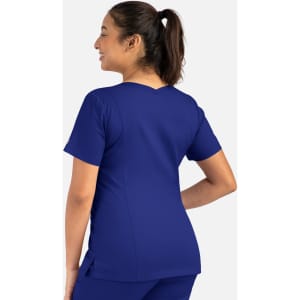 A women's double V-neck top in a deep blue colour, featuring short sleeves and a fitted design.