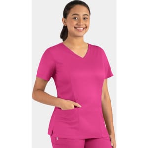 A pink women's double V-neck top featuring short sleeves and a side pocket, with a logo present.
