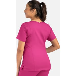 A women's double V-neck top in a vibrant pink colour, featuring a fitted design and short sleeves.