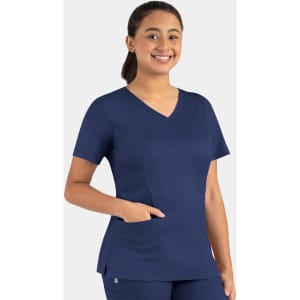 A women's navy double V-neck top with a pocket, featuring a fitted design and short sleeves. Includes a logo.