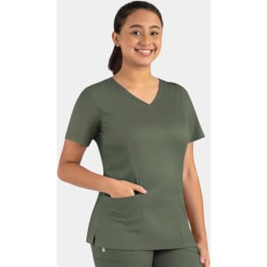 A women's double V-neck top in dark green, featuring short sleeves and a side pocket, with a logo present.