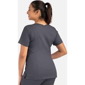 A women's double V-neck top in grey, featuring a fitted design and a logo on the side.