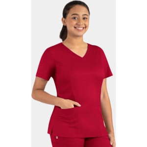 A red women's double V-neck top with short sleeves and a side pocket, featuring a logo.