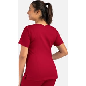 A red women's double V-neck top with short sleeves, featuring a logo on the sleeve.