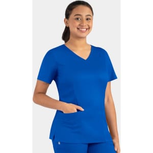A blue women's double V-neck top with short sleeves and a front pocket, featuring a logo.