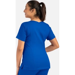 A women's double v-neck top in a vibrant blue colour, featuring short sleeves and a relaxed fit, with branding visible.