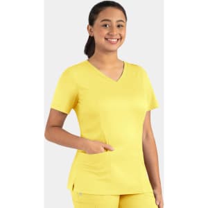 A yellow women's double V-neck top with short sleeves and a pocket, featuring a logo.