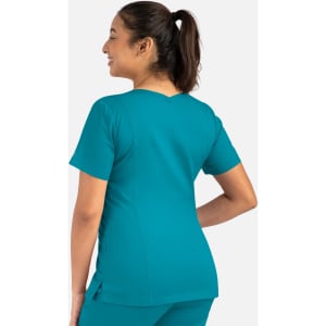 A women's double V-neck top in teal, featuring short sleeves and a fitted design, with a logo visible.