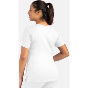 A white women's double V-neck top featuring short sleeves and a fitted design, shown from the back.